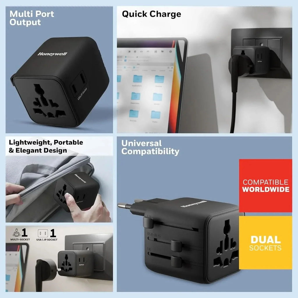Honeywell New World Travel Adapter, Universal & US Socket, Charge 2 Devices Simultaneously, Worldwide Plug for EU, US, UK & CN/AUS, Overload & Over Voltage Protection – TechCure India