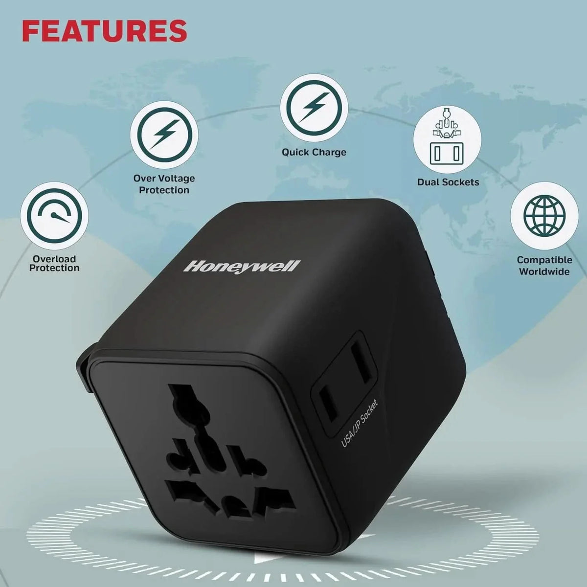 Honeywell New World Travel Adapter, Universal & US Socket, Charge 2 Devices Simultaneously, Worldwide Plug for EU, US, UK & CN/AUS, Overload & Over Voltage Protection – TechCure India