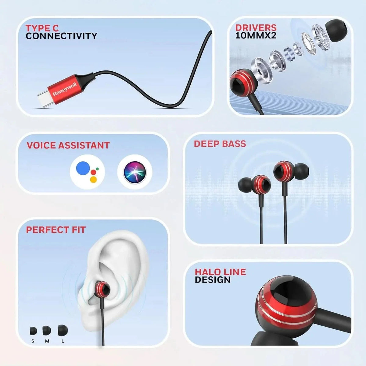 Honeywell Suono P70 Wired in Ear Earphones with Built in Mic 10mm*2 Drivers, Noise Cancelling and Ultra HD Mic, IPX4, Voice Assistant Enabled, HD Sound & Clear Audio, Type C Compatible, 1.2 Mtr – TechCure India