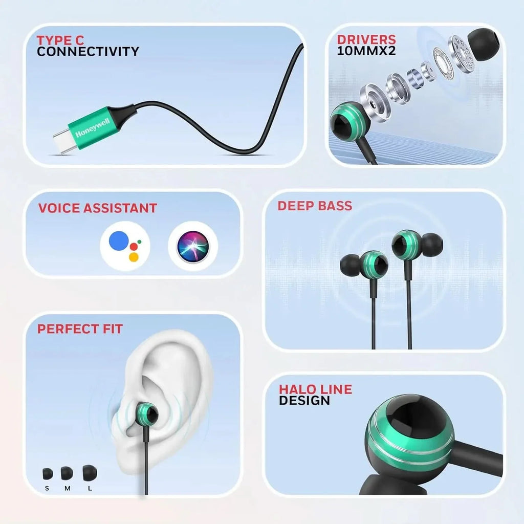 Honeywell Suono P70 Wired in Ear Earphones with Built in Mic 10mm*2 Drivers, Noise Cancelling and Ultra HD Mic, IPX4, Voice Assistant Enabled, HD Sound & Clear Audio, Type C Compatible, 1.2 Mtr Green – TechCure India
