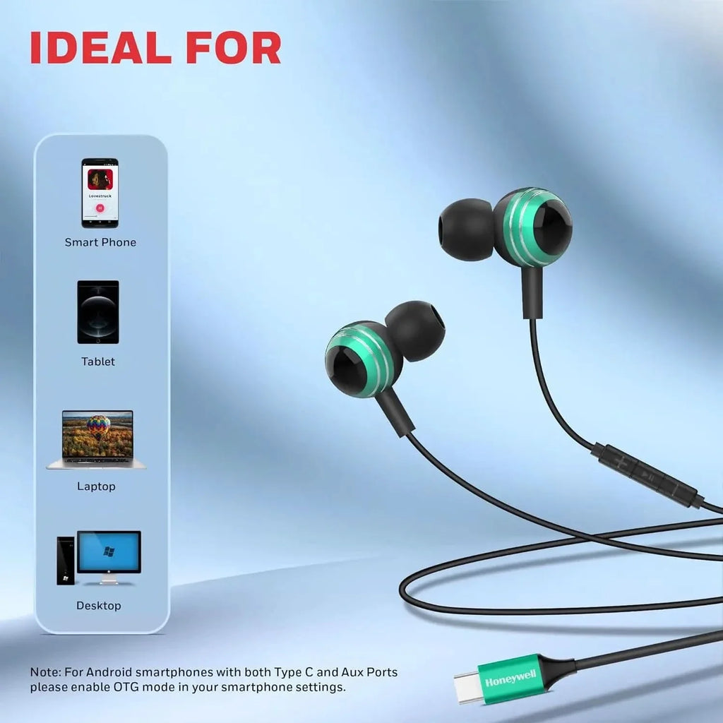 Honeywell Suono P70 Wired in Ear Earphones with Built in Mic 10mm*2 Drivers, Noise Cancelling and Ultra HD Mic, IPX4, Voice Assistant Enabled, HD Sound & Clear Audio, Type C Compatible, 1.2 Mtr Green – TechCure India