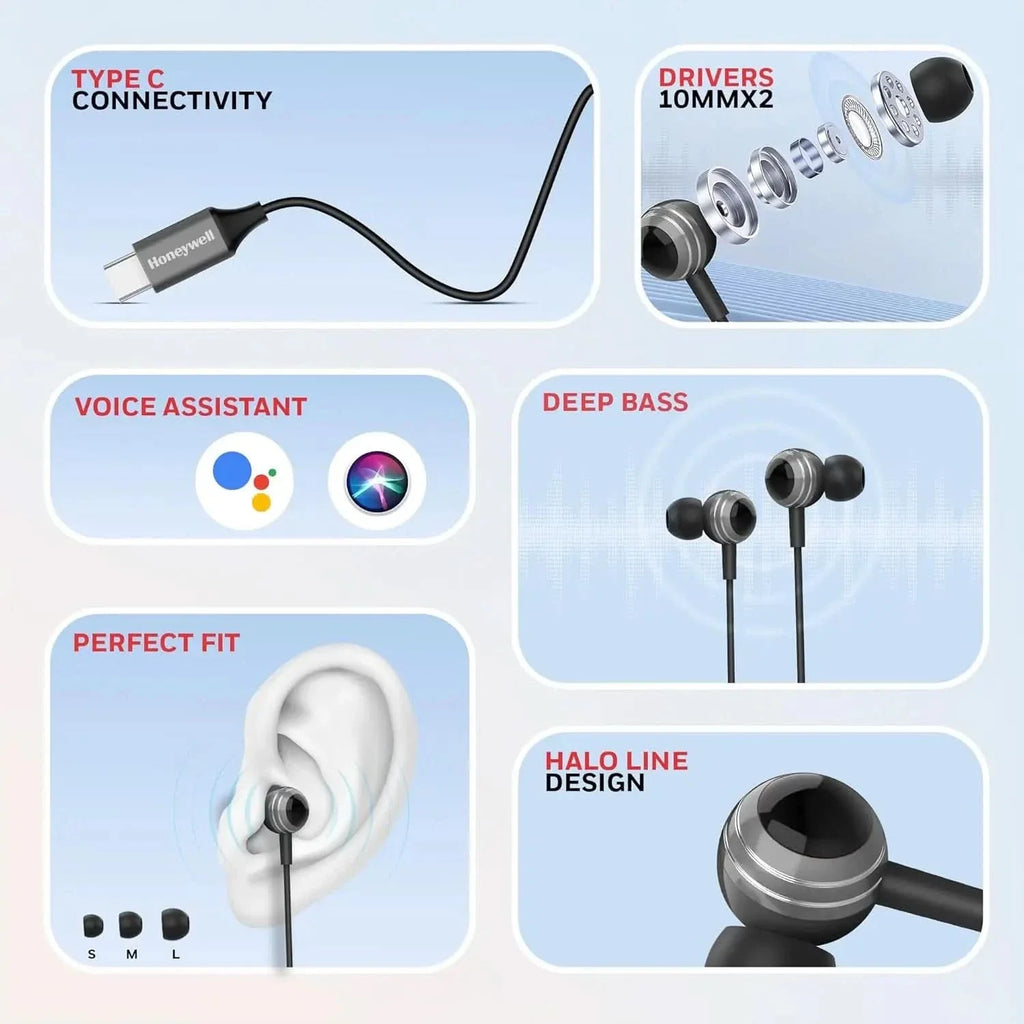 Honeywell Suono P70 Wired in Ear Earphones with Built in Mic 10mm*2 Drivers, Noise Cancelling and Ultra HD Mic, IPX4, Voice Assistant Enabled, HD Sound & Clear Audio, Type C Compatible, 1.2 Mtr Grey – TechCure India