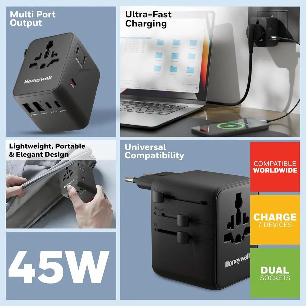 Honeywell Universal Travel Adapter 45W, 7 in 1 Fast Charging, QC3.0/PD, Universal & US Socket, 3 Type C, 2 USB A, Overload & overvoltage Protection, International Adapter for EU, US, UK & CN/AUS – TechCure India