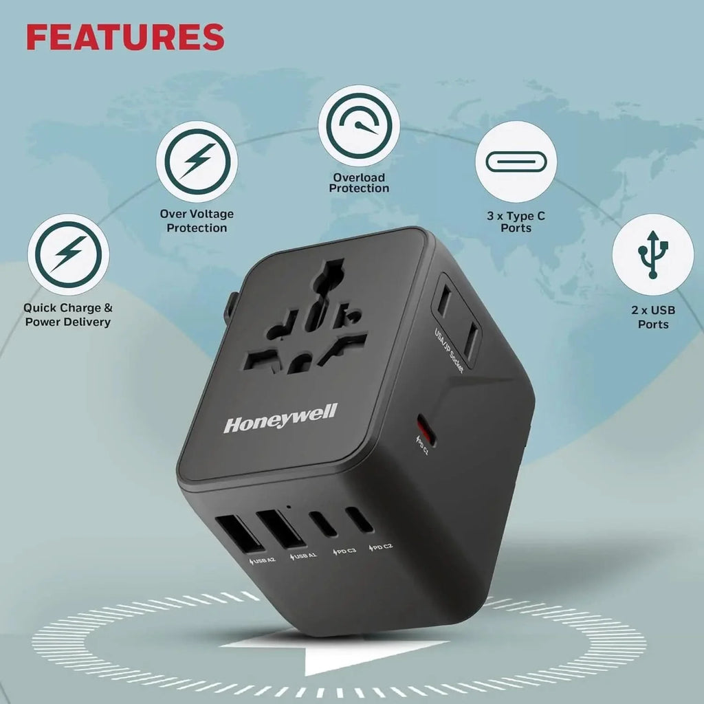 Honeywell Universal Travel Adapter 45W, 7 in 1 Fast Charging, QC3.0/PD, Universal & US Socket, 3 Type C, 2 USB A, Overload & overvoltage Protection, International Adapter for EU, US, UK & CN/AUS – TechCure India