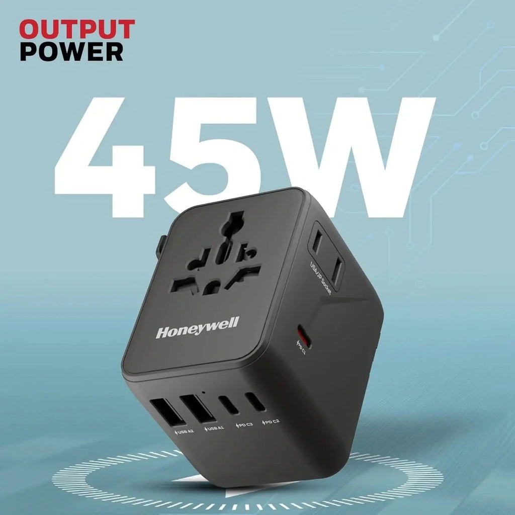 Honeywell Universal Travel Adapter 45W, 7 in 1 Fast Charging, QC3.0/PD, Universal & US Socket, 3 Type C, 2 USB A, Overload & overvoltage Protection, International Adapter for EU, US, UK & CN/AUS – TechCure India