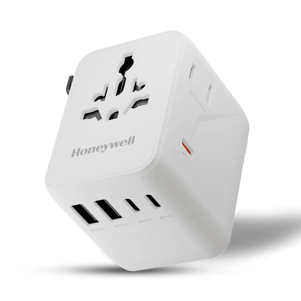 Honeywell Universal Travel Adapter 70W, 7 in 1 Fast Charging, QC3.0/PD, Universal & US Socket, 3 Type C, 2 USB A, Overload & overvoltage Protection, International Adapter for EU, US, UK & CN/AUS – TechCure India