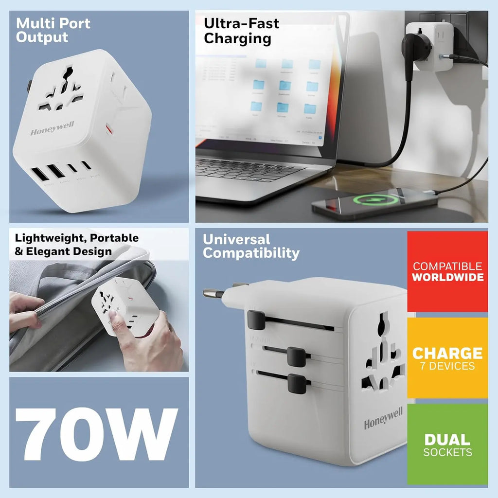 Honeywell Universal Travel Adapter 70W, 7 in 1 Fast Charging, QC3.0/PD, Universal & US Socket, 3 Type C, 2 USB A, Overload & overvoltage Protection, International Adapter for EU, US, UK & CN/AUS – TechCure India