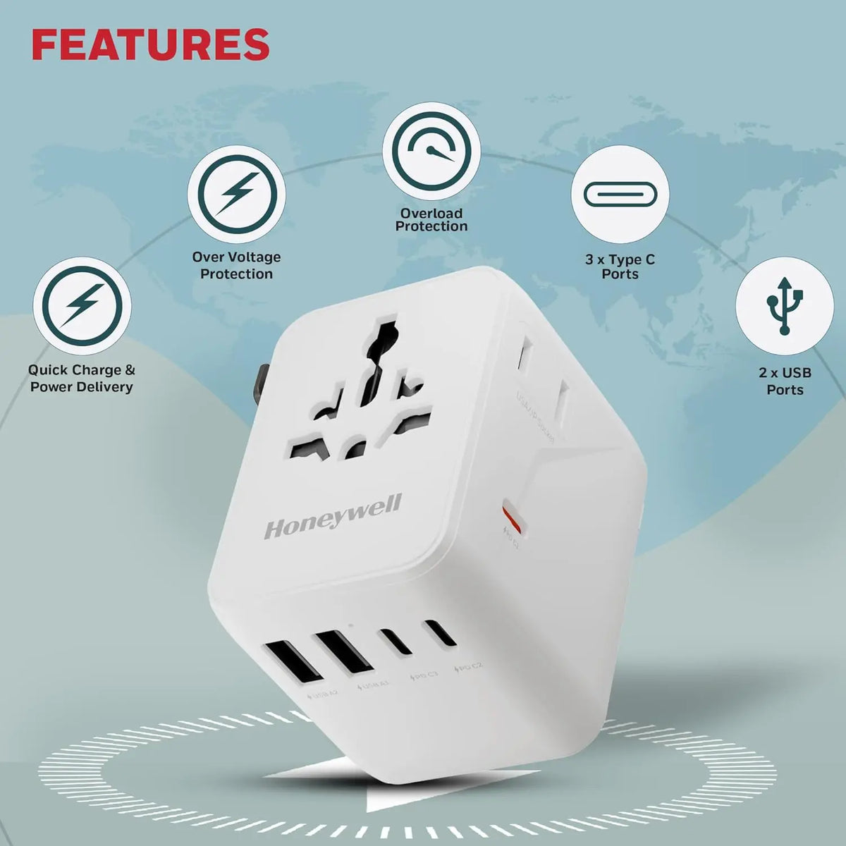 Honeywell Universal Travel Adapter 70W, 7 in 1 Fast Charging, QC3.0/PD, Universal & US Socket, 3 Type C, 2 USB A, Overload & overvoltage Protection, International Adapter for EU, US, UK & CN/AUS – TechCure India