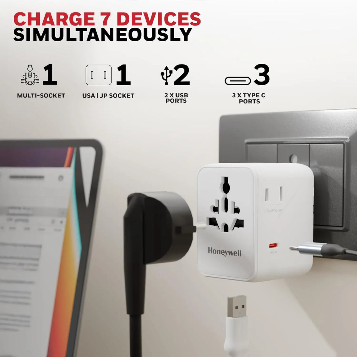 Honeywell Universal Travel Adapter 70W, 7 in 1 Fast Charging, QC3.0/PD, Universal & US Socket, 3 Type C, 2 USB A, Overload & overvoltage Protection, International Adapter for EU, US, UK & CN/AUS – TechCure India