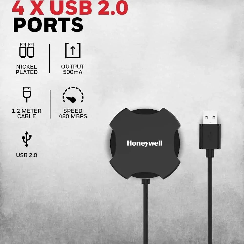 Honeywell 4 in 1 Ultra Slim USB Hub 2.0,1.2Meter(4 feet) Cable, with a Transfer Speed of 480MBPS, Universally Compatible with All USB PC Speaker Laptop Hard Drive Keyboard Printer Pen Drive – TechCure India