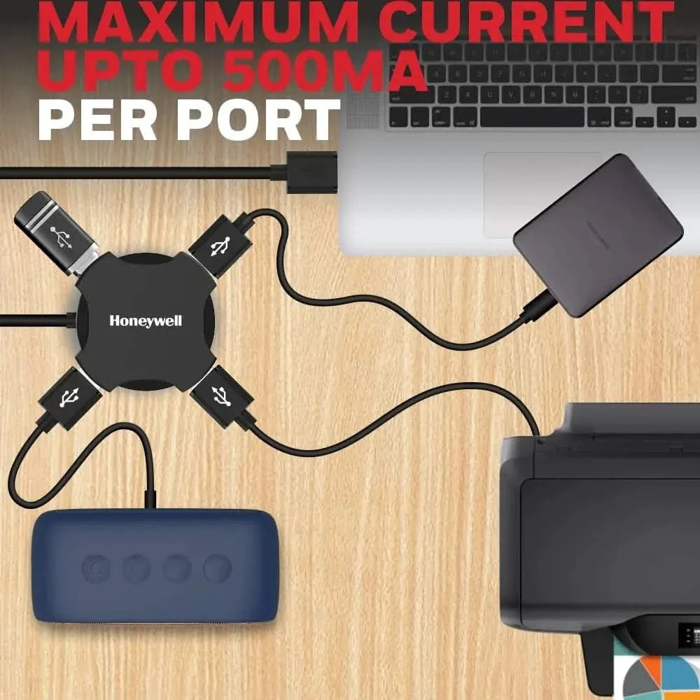 Honeywell 4 in 1 Ultra Slim USB Hub 2.0,1.2Meter(4 feet) Cable, with a Transfer Speed of 480MBPS, Universally Compatible with All USB PC Speaker Laptop Hard Drive Keyboard Printer Pen Drive – TechCure India