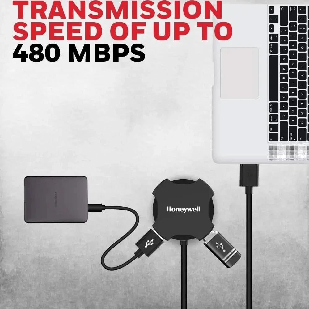 Honeywell 4 in 1 Ultra Slim USB Hub 2.0,1.2Meter(4 feet) Cable, with a Transfer Speed of 480MBPS, Universally Compatible with All USB PC Speaker Laptop Hard Drive Keyboard Printer Pen Drive – TechCure India