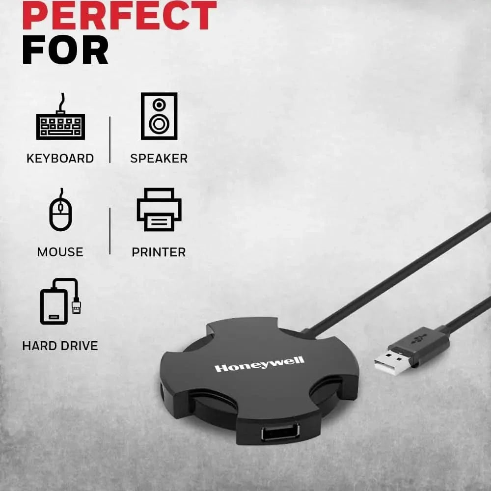 Honeywell 4 in 1 Ultra Slim USB Hub 2.0,1.2Meter(4 feet) Cable, with a Transfer Speed of 480MBPS, Universally Compatible with All USB PC Speaker Laptop Hard Drive Keyboard Printer Pen Drive – TechCure India