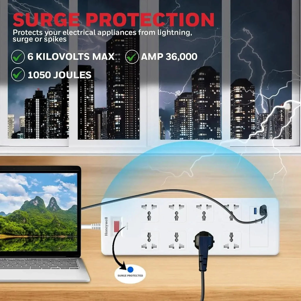 Honeywell 8 Out Surge Protector with Master Switch, Spike Guard/Extension Board, 8 Outlet, 2xPD20W & 2xUSB, 36000Amp, 1.8 Meter Cord, DSW, Automatic Overload Protection, 3 Years Manufacturer Warranty – TechCure India