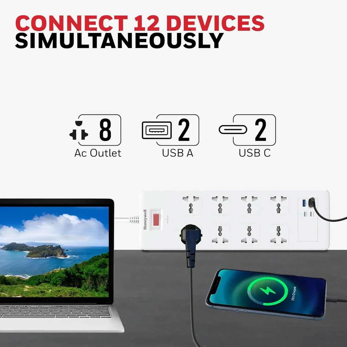 Honeywell 8 Out Surge Protector with Master Switch, Spike Guard/Extension Board, 8 Outlet, 2xPD20W & 2xUSB, 36000Amp, 1.8 Meter Cord, DSW, Automatic Overload Protection, 3 Years Manufacturer Warranty – TechCure India
