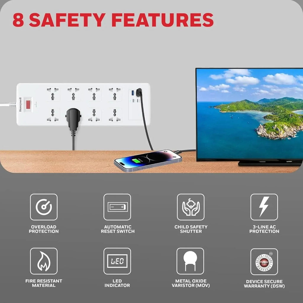 Honeywell 8 Out Surge Protector with Master Switch, Spike Guard/Extension Board, 8 Outlet, 2xPD20W & 2xUSB, 36000Amp, 1.8 Meter Cord, DSW, Automatic Overload Protection, 3 Years Manufacturer Warranty – TechCure India