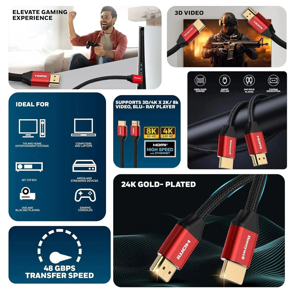 Honeywell HDMI Cable 2.1 with Ethernet, 8k@60Hz, 4K@120Hz UHD Resolution, (9.8ft/3M), 48 GBPS Transmission Ultra High Speed, Dolby DTS, eARC, 3D,Male-to-Male,Compatible with All HDMI-Enabled Devices – TechCure India