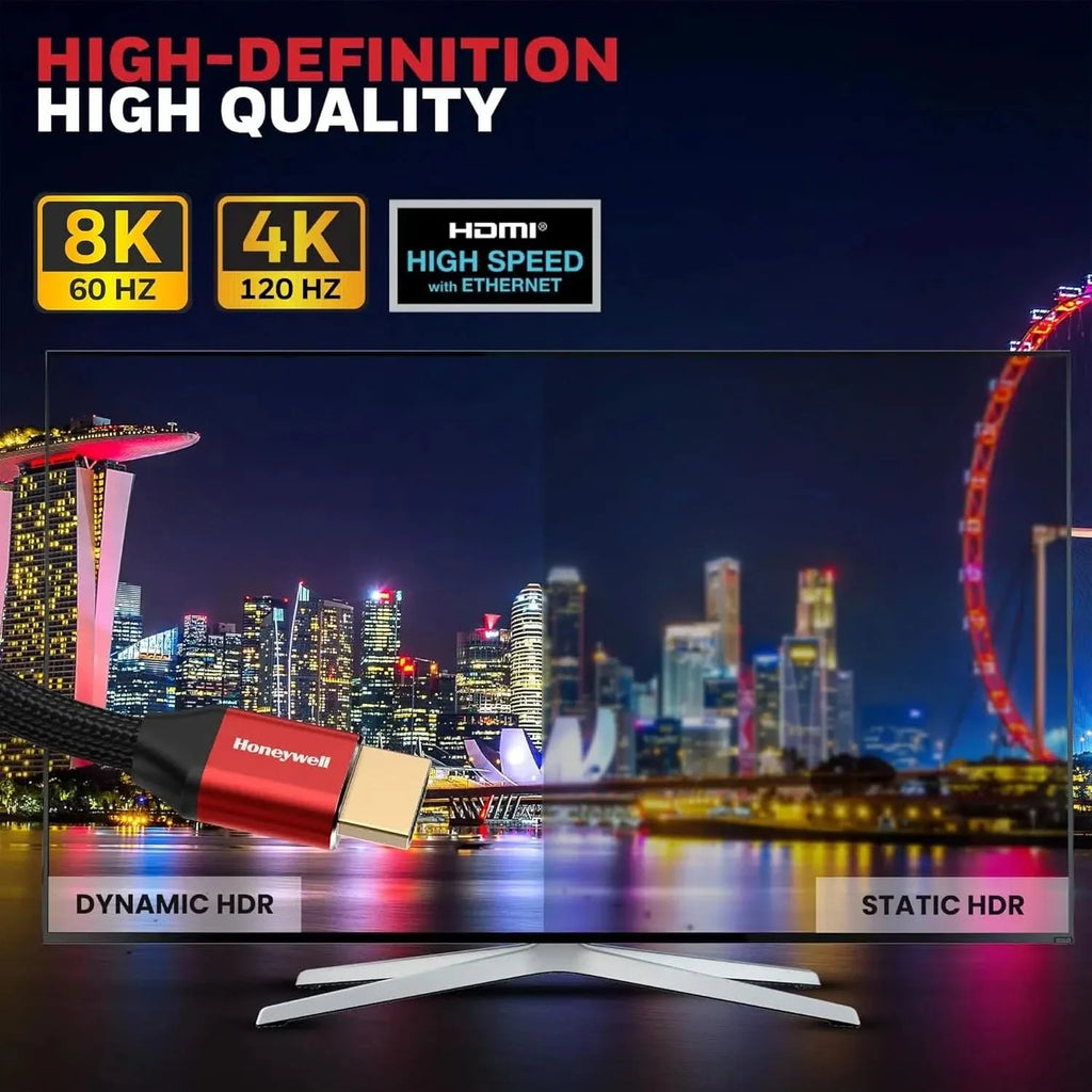 Honeywell HDMI Cable 2.1 with Ethernet, 8k@60Hz, 4K@120Hz UHD Resolution, (9.8ft/3M), 48 GBPS Transmission Ultra High Speed, Dolby DTS, eARC, 3D,Male-to-Male,Compatible with All HDMI-Enabled Devices – TechCure India
