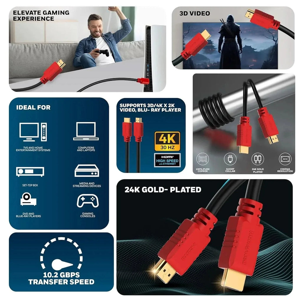 Honeywell HDMI Cable v1.4 with Ethernet, 3D/4Kx2K Ultra HD Resolution, 16.5ft/5 Meter, 10.2 GBPS Transmission Speed, Compatible with All HDMI Devices Laptop Desktop TV Set-top Box Gaming Console-Black – TechCure India