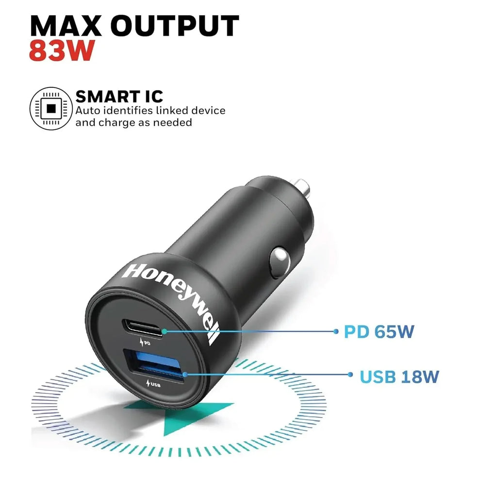 Honeywell Micro CLA 83W PD Smart Car Charger, 65W Type C PD & 18W USB A Port, Ultra-Fast Charging, Compatible with All Car for iPhone, Smartphones, Laptops, Tablets, 3 Years Manufacturer Warranty – TechCure India