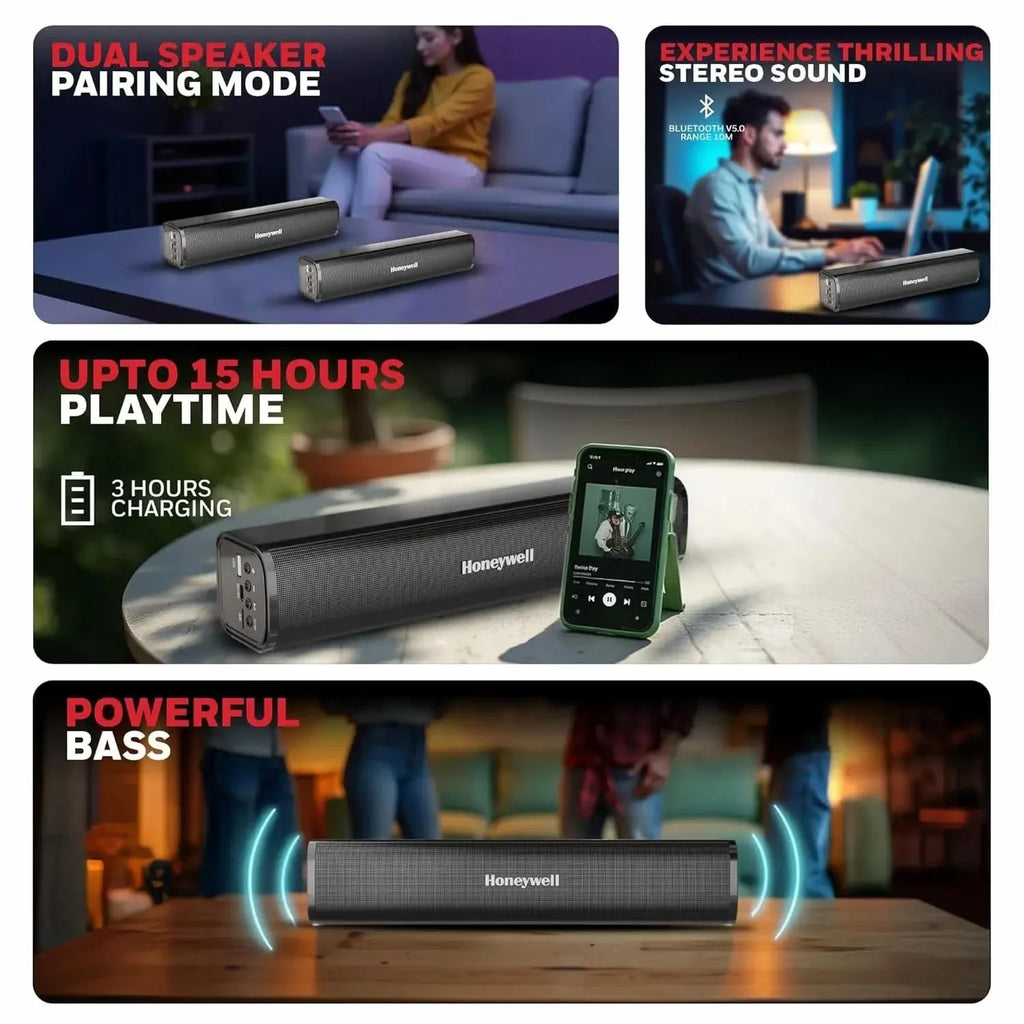 Honeywell Moxie V1000 10W 2.0 Channel V5.0 Wireless Bluetooth Soundbar, 5.0 Stereo Sound, 52mm*2 Drivers, 15Hrs Playtime, TWS, 1200mAh Battery, Multiple Connectivity via SD Card, Audio Jack & USB – TechCure India