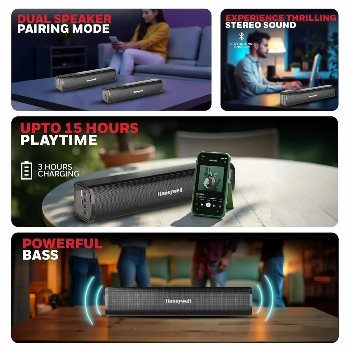 Honeywell Moxie V1000 10W 2.0 Channel V5.0 Wireless Bluetooth Soundbar, 5.0 Stereo Sound, 52mm*2 Drivers, 15Hrs Playtime, TWS, 1200mAh Battery, Multiple Connectivity via SD Card, Audio Jack & USB – TechCure India