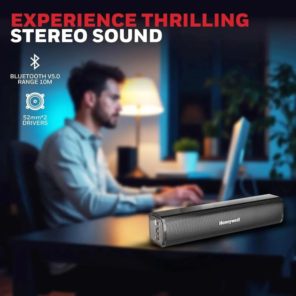 Honeywell Moxie V1000 10W 2.0 Channel V5.0 Wireless Bluetooth Soundbar, 5.0 Stereo Sound, 52mm*2 Drivers, 15Hrs Playtime, TWS, 1200mAh Battery, Multiple Connectivity via SD Card, Audio Jack & USB – TechCure India