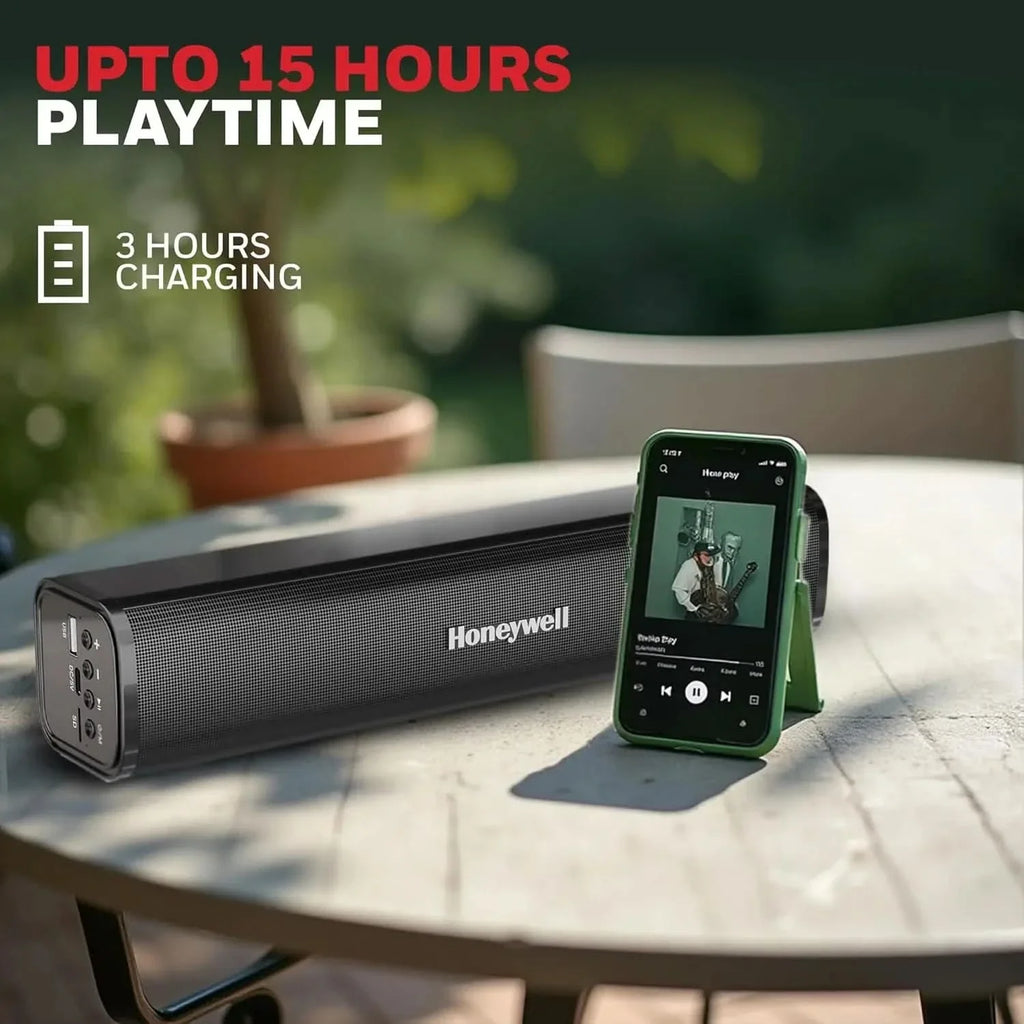Honeywell Moxie V1000 10W 2.0 Channel V5.0 Wireless Bluetooth Soundbar, 5.0 Stereo Sound, 52mm*2 Drivers, 15Hrs Playtime, TWS, 1200mAh Battery, Multiple Connectivity via SD Card, Audio Jack & USB – TechCure India