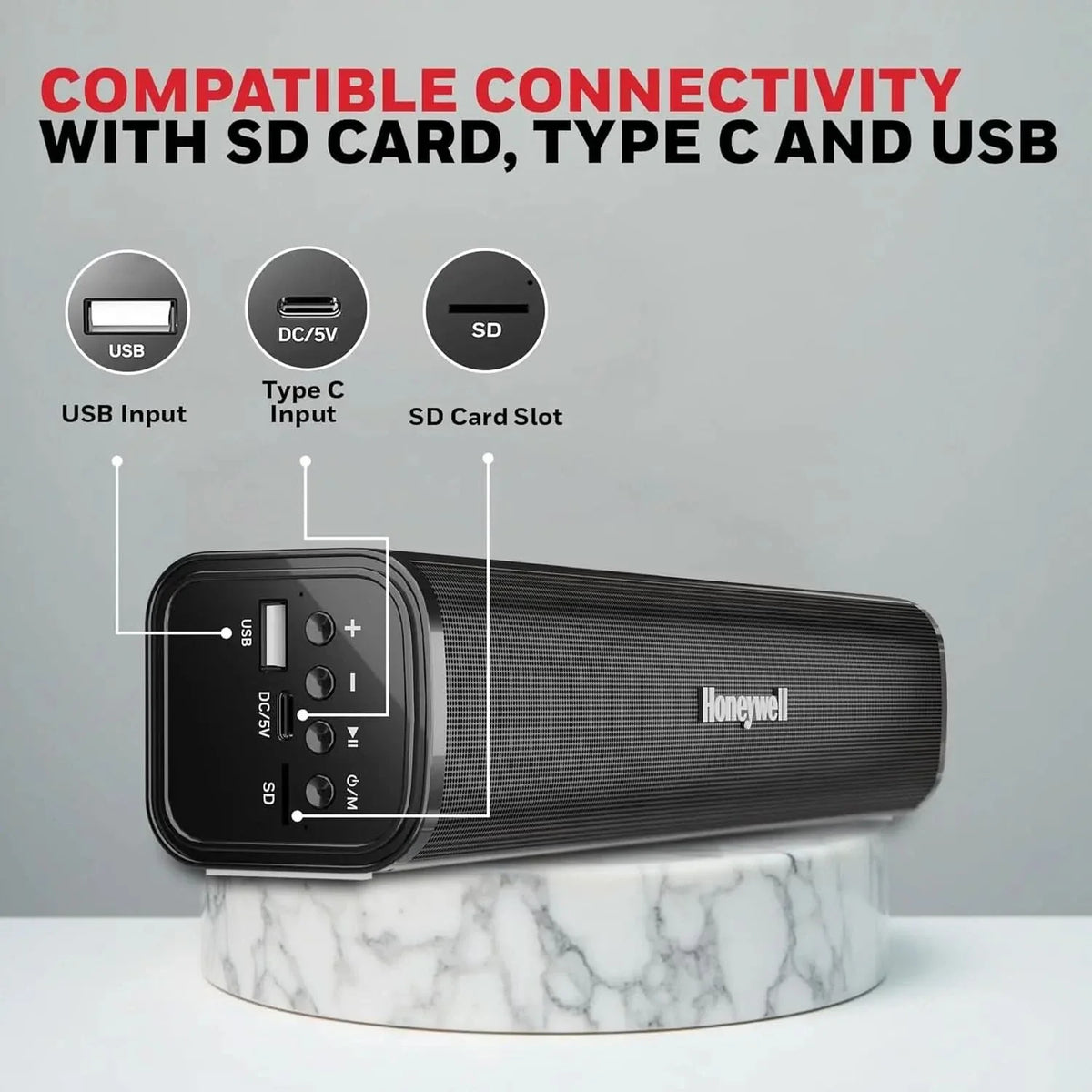 Honeywell Moxie V1000 10W 2.0 Channel V5.0 Wireless Bluetooth Soundbar, 5.0 Stereo Sound, 52mm*2 Drivers, 15Hrs Playtime, TWS, 1200mAh Battery, Multiple Connectivity via SD Card, Audio Jack & USB – TechCure India