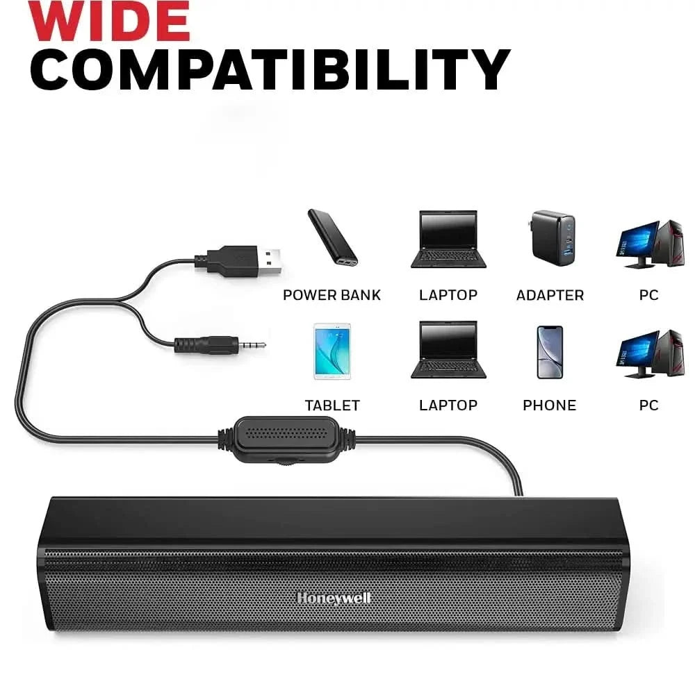 Honeywell Moxie V500 10W Portable USB Wired Soundbar, Speaker for PC,Desktop and Laptop with Volume Control and 3.5 mm AUX,2.0 Channel,52mmX2 Drivers,Plug &Play,2 Yrs Maufacuturer Warranty – TechCure India