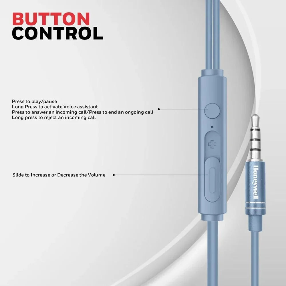 Honeywell Moxie V50 Wired Earphones with Built in Mic, 10mm*2 Drivers, Passive Noise Cancellation, Deep Bass & Clear Sound, Ultra HD Mic Quality, 3.5mm AUX, Voice Assistant Enabled, 1.2 Mtr Blue – TechCure India