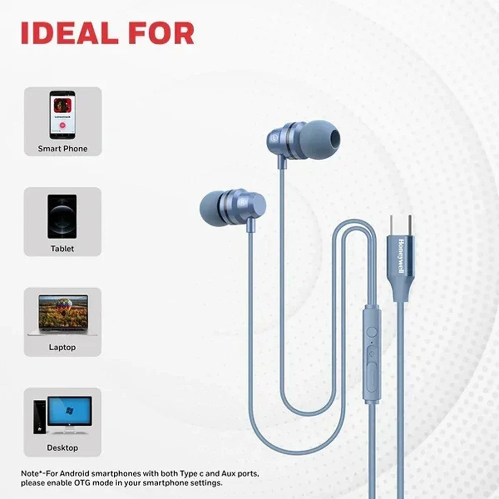 Honeywell Moxie V50 Wired Earphones with Built in Mic, 10mm*2 Drivers, Passive Noise Cancellation, Deep Bass & Clear Sound, Ultra HD Mic Quality, 3.5mm AUX, Voice Assistant Enabled, 1.2 Mtr Blue – TechCure India