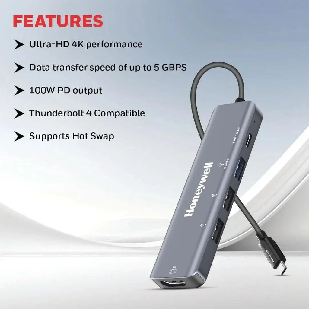 Honeywell New Launch 5-in-1 Type C Docking Station with 4K HDMI Port, USB 3.0 & 2 X USB 2.0 Ports & Type C 3.0 PD 100W, for All Type C Devices- Windows/MacBook, On-The-Go Feature – TechCure India