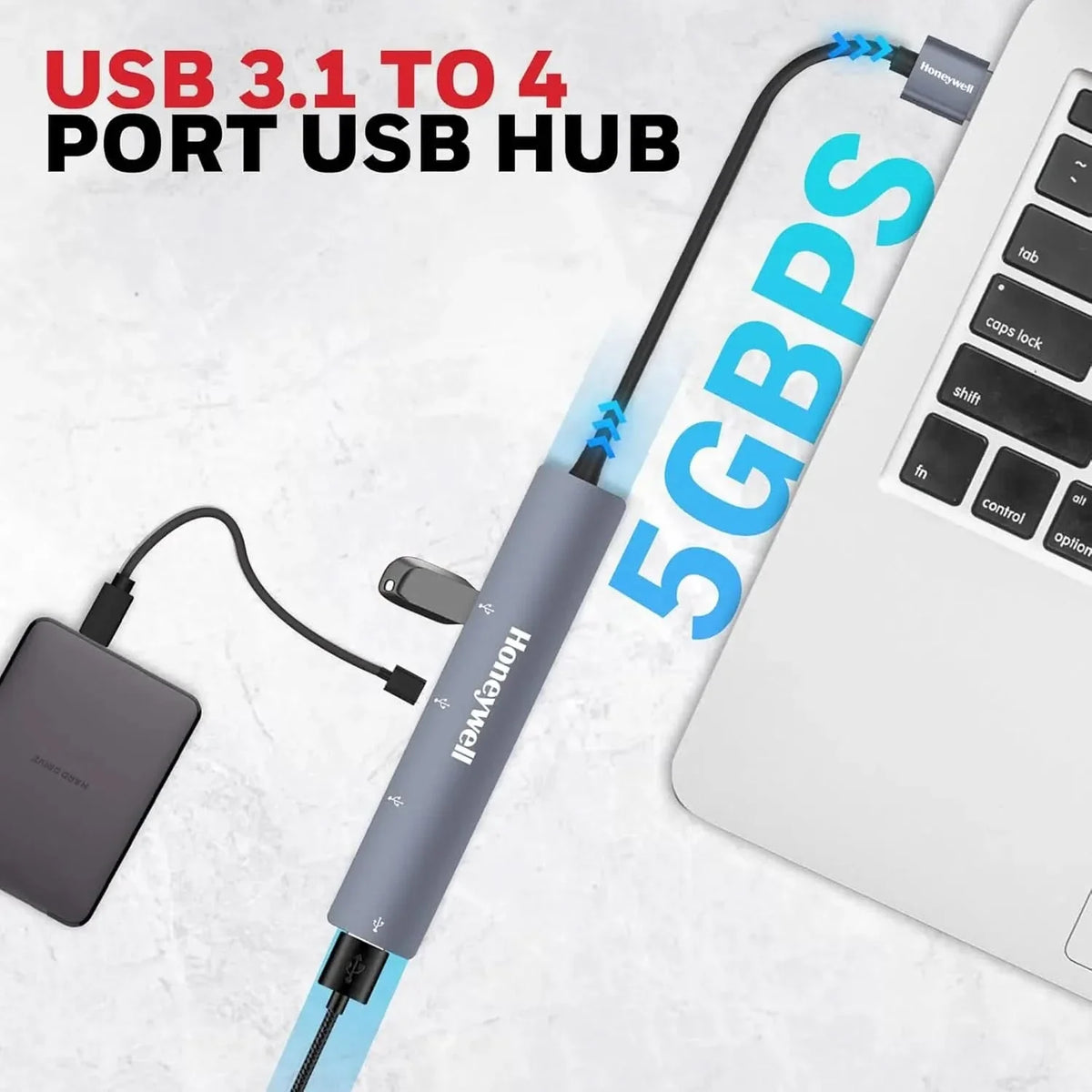 Honeywell Newly Launched 4-in-1 Ultra Slim USB Hub 1xUSB 3.0 & 3 x USB 2.0 Ports, 30cms Cable, DataTransfer Speed Upto 5GBPS,Universally Compatible with All USB,PC,Speaker,Laptop,Hard Drive etc. – TechCure India
