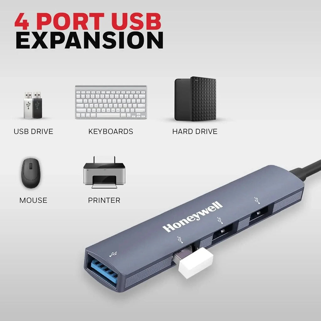 Honeywell Newly Launched 4-in-1 Ultra Slim USB Hub 1xUSB 3.0 & 3 x USB 2.0 Ports, 30cms Cable, DataTransfer Speed Upto 5GBPS,Universally Compatible with All USB,PC,Speaker,Laptop,Hard Drive etc. – TechCure India