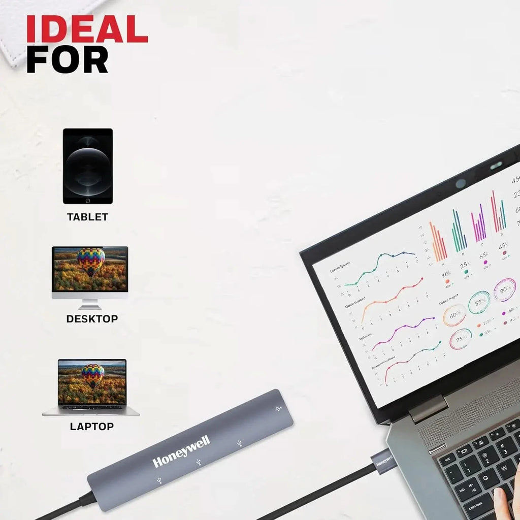 Honeywell Newly Launched 4-in-1 Ultra Slim USB Hub 1xUSB 3.0 & 3 x USB 2.0 Ports, 30cms Cable, DataTransfer Speed Upto 5GBPS,Universally Compatible with All USB,PC,Speaker,Laptop,Hard Drive etc. – TechCure India