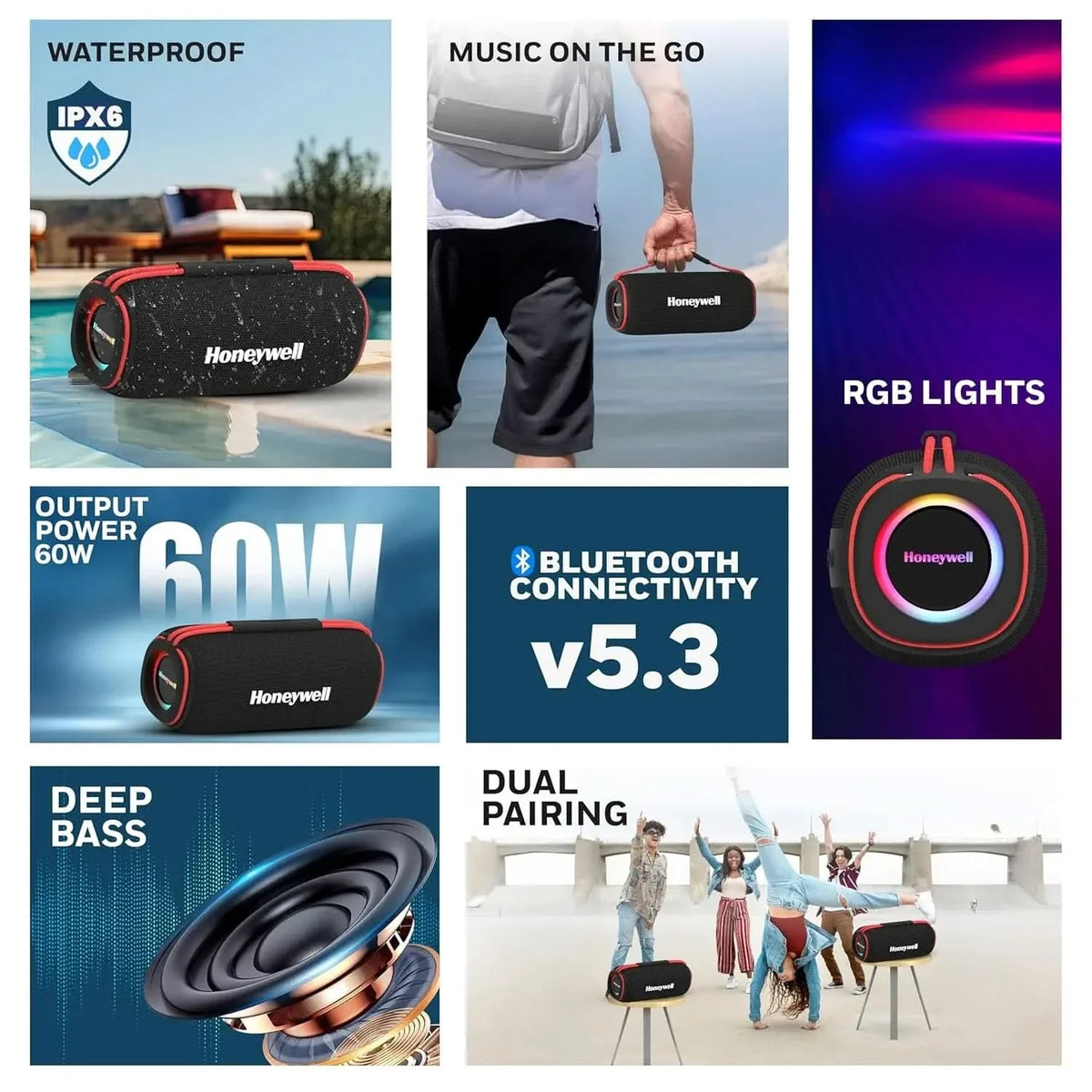 Honeywell Newly Launched Trueno U500 60W 5.3 Bluetooth Speaker, Deep Bass Radiators, 18H Playtime, IPX 6, TWS Feature, RGB Lights, SD Card, AUX, USB Type-C Port, Built-in Mic & 2 * 93mm Drivers – TechCure India