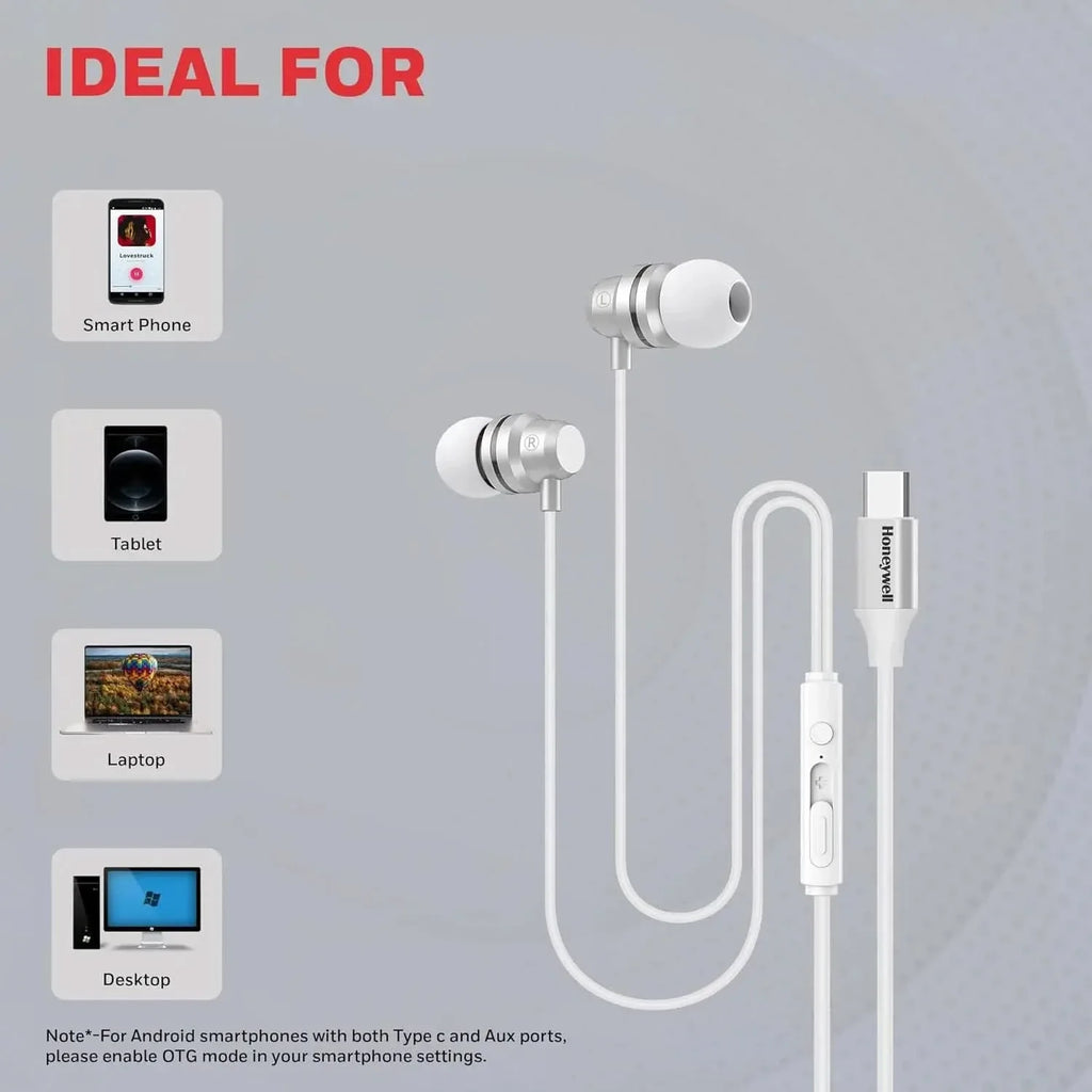 Honeywell Suono P60 Wired Earphones with Built in Mic, 10mm*2 Drivers, Passive Noise Cancellation, Deep Bass & Clear Sound, Ultra HD Mic Quality, Type C Compatible, Voice Assistant Enabled, 1.2 Mtr – TechCure India