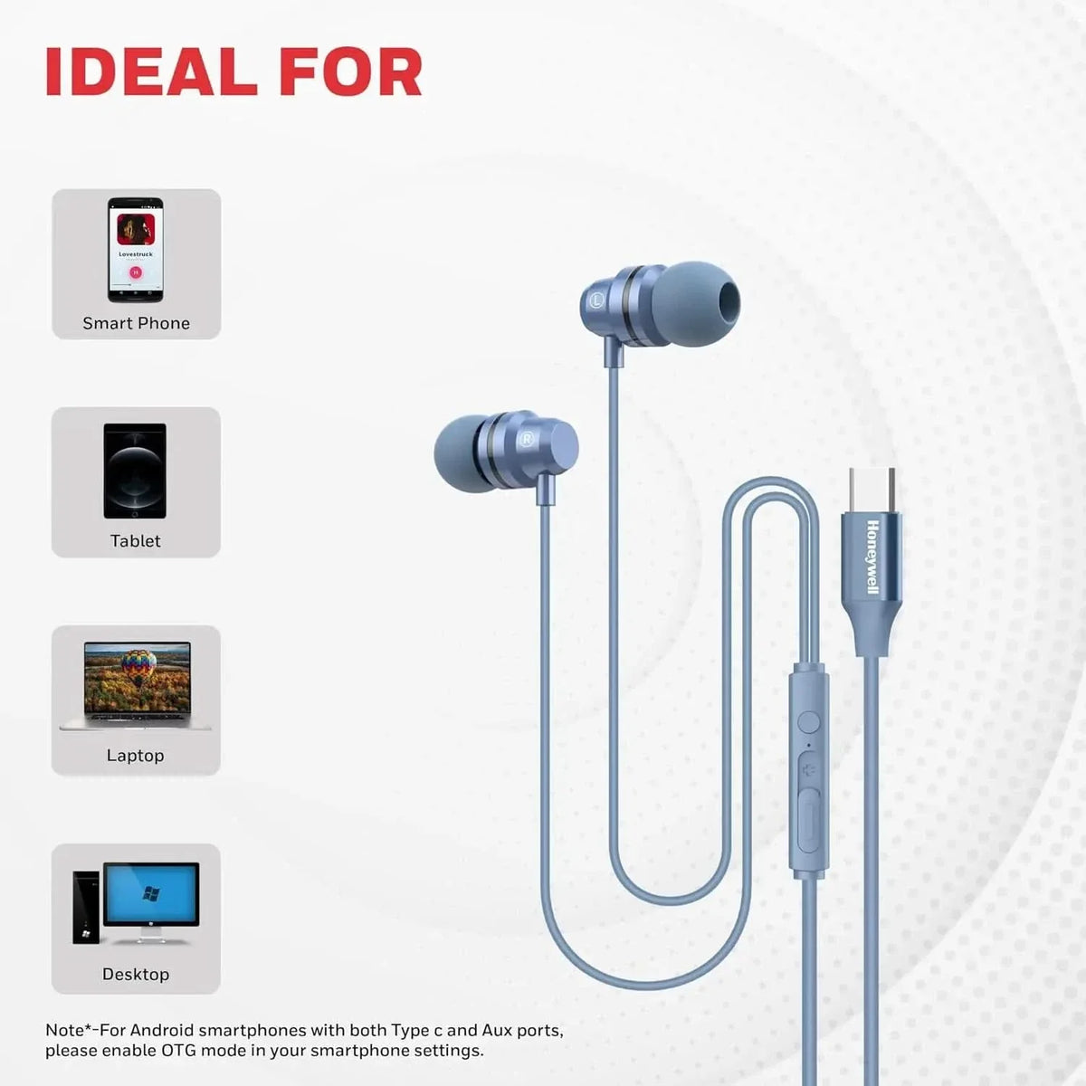 Honeywell Suono P60 Wired Earphones with Built in Mic, 10mm*2 Drivers, Passive Noise Cancellation, Deep Bass & Clear Sound, Ultra HD Mic Quality, Type C Compatible, Voice Assistant Enabled, 1.2 Mtr Blue – TechCure India