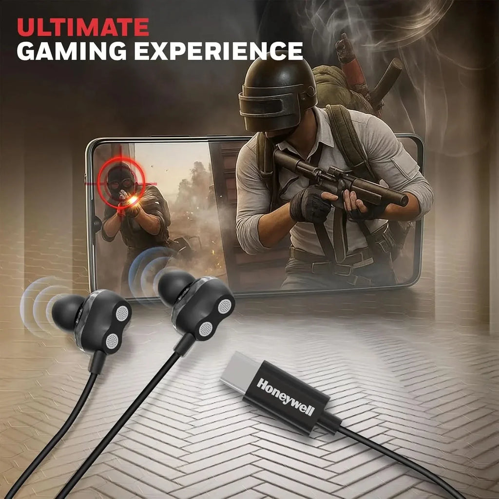 Honeywell Suono P80 Wired Gaming In Ear Earphones with Built-in Mic, 8mm*4 Drivers, IPX4, Noise Cancelling and ultra HD Mic, HD Sound & Clear Audio, Type C Compatible, Voice Assistant Enabled, 1.3 Mtr – TechCure India