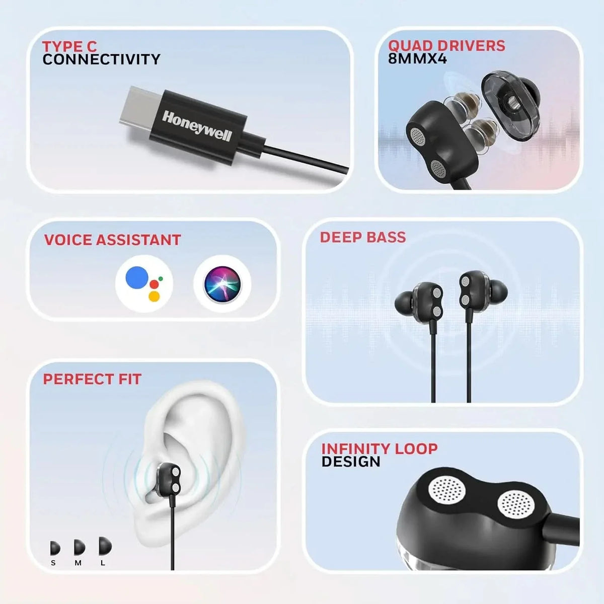 Honeywell Suono P80 Wired Gaming In Ear Earphones with Built-in Mic, 8mm*4 Drivers, IPX4, Noise Cancelling and ultra HD Mic, HD Sound & Clear Audio, Type C Compatible, Voice Assistant Enabled, 1.3 Mtr – TechCure India