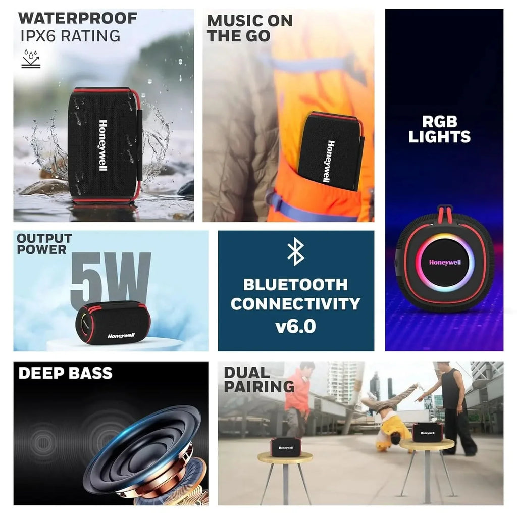 Honeywell Suono V210 Bluetooth 6.0 Speaker, 5W, Deep Bass Dual Radiators, 10H Playback, IPX6, Dual Speaker Pairing, RGB Light, USB/AUX/SD, Type-C Charging, Built-in Mic, 2yr Manufacturer Warranty – TechCure India