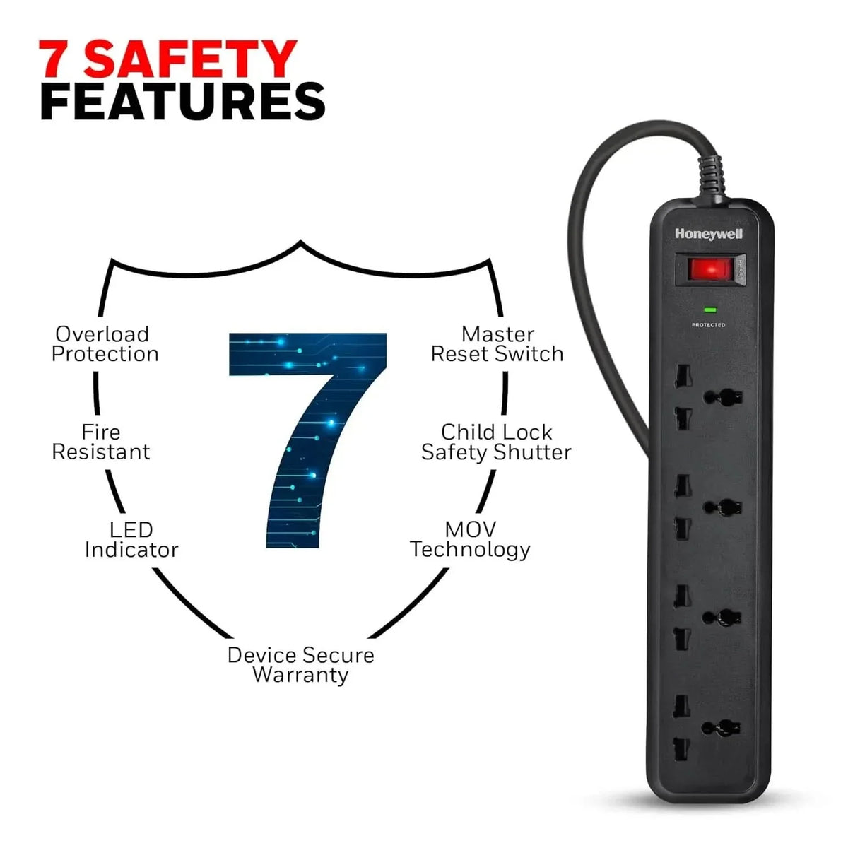 Honeywell Surge Protector, 4 Universal Sockets,15000Amp, 2 Meter Cord, Device Secure Warranty, Automatic Overload Protection, Spike Guard/Extension Board, Master Switch, 3Years Manufacturer Warranty – TechCure India