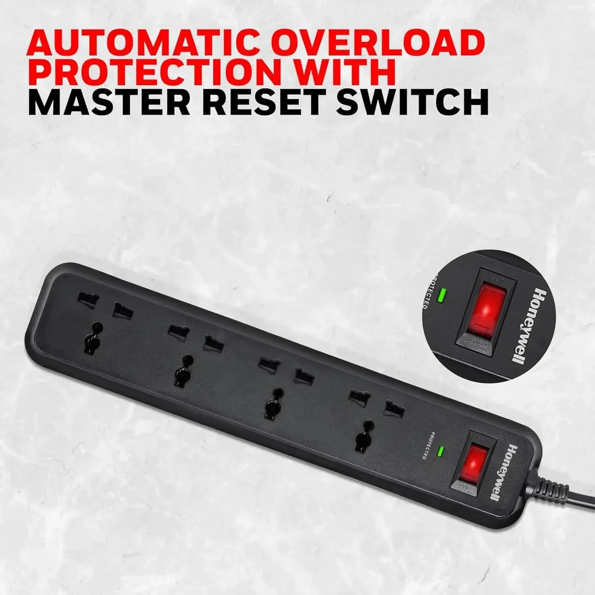 Honeywell Surge Protector, 4 Universal Sockets,15000Amp, 2 Meter Cord, Device Secure Warranty, Automatic Overload Protection, Spike Guard/Extension Board, Master Switch, 3Years Manufacturer Warranty – TechCure India