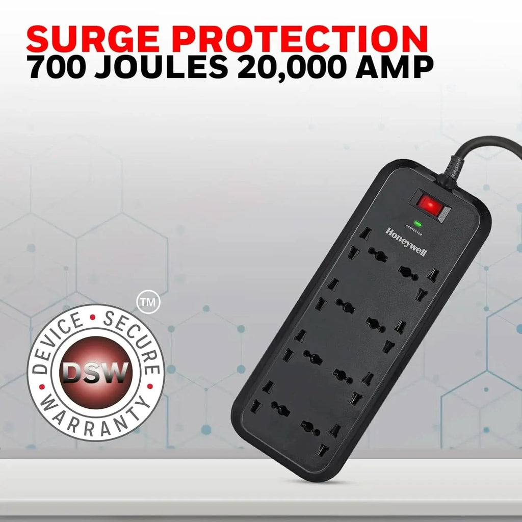 Honeywell Surge Protector, 8 Universal Sockets,20000Amp, 2 Meter Cord, Device Secure Warranty,Automatic Overload Protection,Spike Guard/Extension Board,Master Switch,3Year Manufacturer Warranty – TechCure India