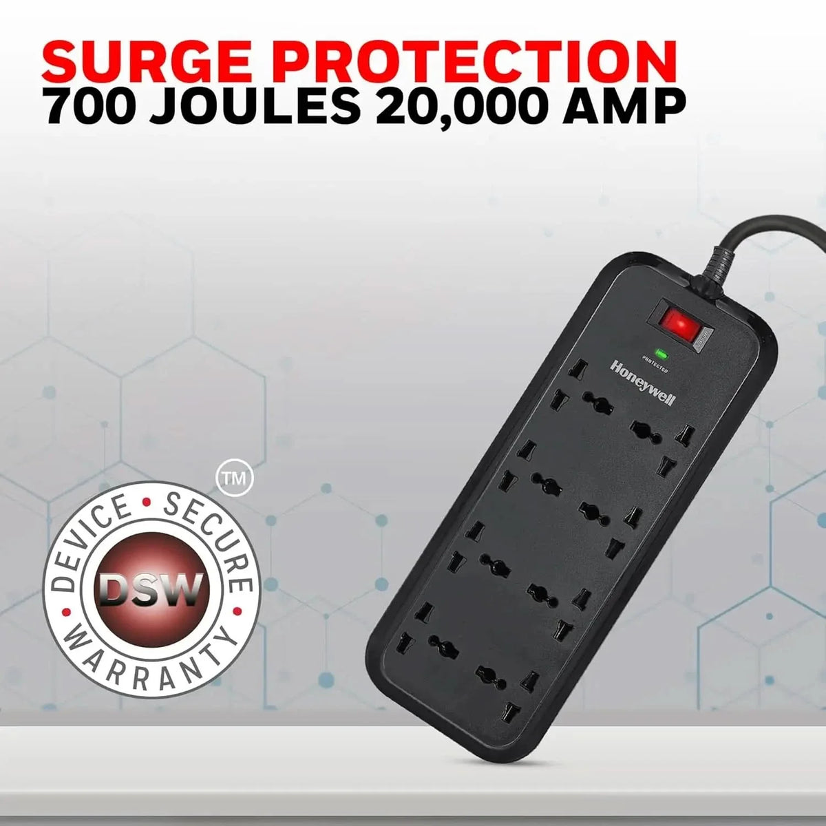 Honeywell Surge Protector, 8 Universal Sockets,20000Amp, 2 Meter Cord, Device Secure Warranty,Automatic Overload Protection,Spike Guard/Extension Board,Master Switch,3Year Manufacturer Warranty – TechCure India