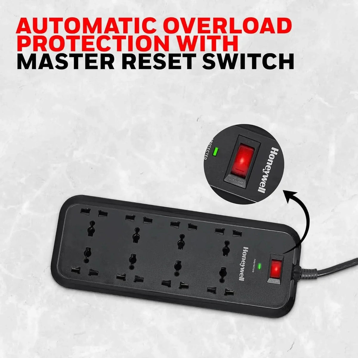 Honeywell Surge Protector, 8 Universal Sockets,20000Amp, 2 Meter Cord, Device Secure Warranty,Automatic Overload Protection,Spike Guard/Extension Board,Master Switch,3Year Manufacturer Warranty – TechCure India