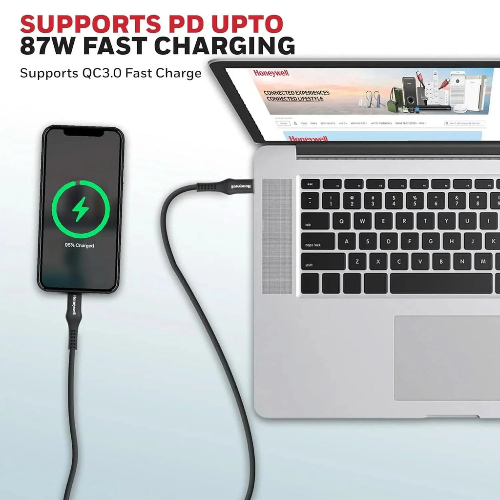 Honeywell Type C to Lightning Silicone cable (Black), MFI-certified, QC 3.0, PD 87W with Max Output 3A,Fast Charge & Sync Cable for iPhone, iPad, iMac, MacBook, AirPods- 6 Feet (1.8M) – TechCure India