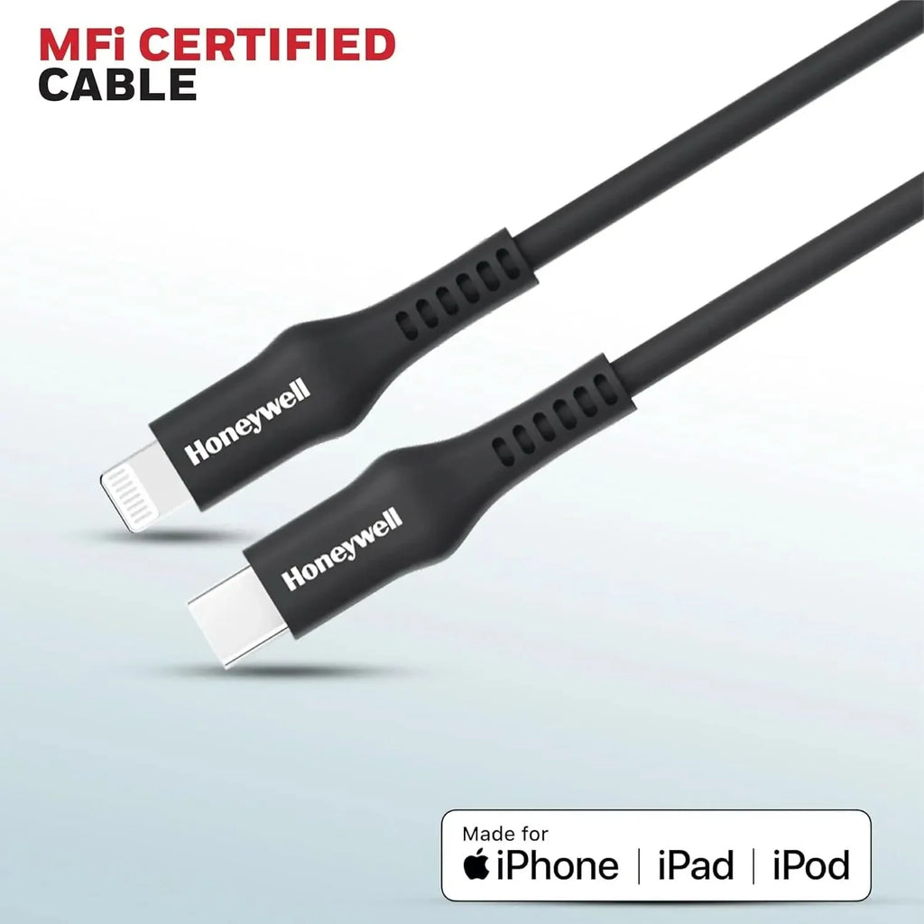 Honeywell Type C to Lightning Silicone cable (Black), MFI-certified, QC 3.0, PD 87W with Max Output 3A,Fast Charge & Sync Cable for iPhone, iPad, iMac, MacBook, AirPods- 6 Feet (1.8M) – TechCure India