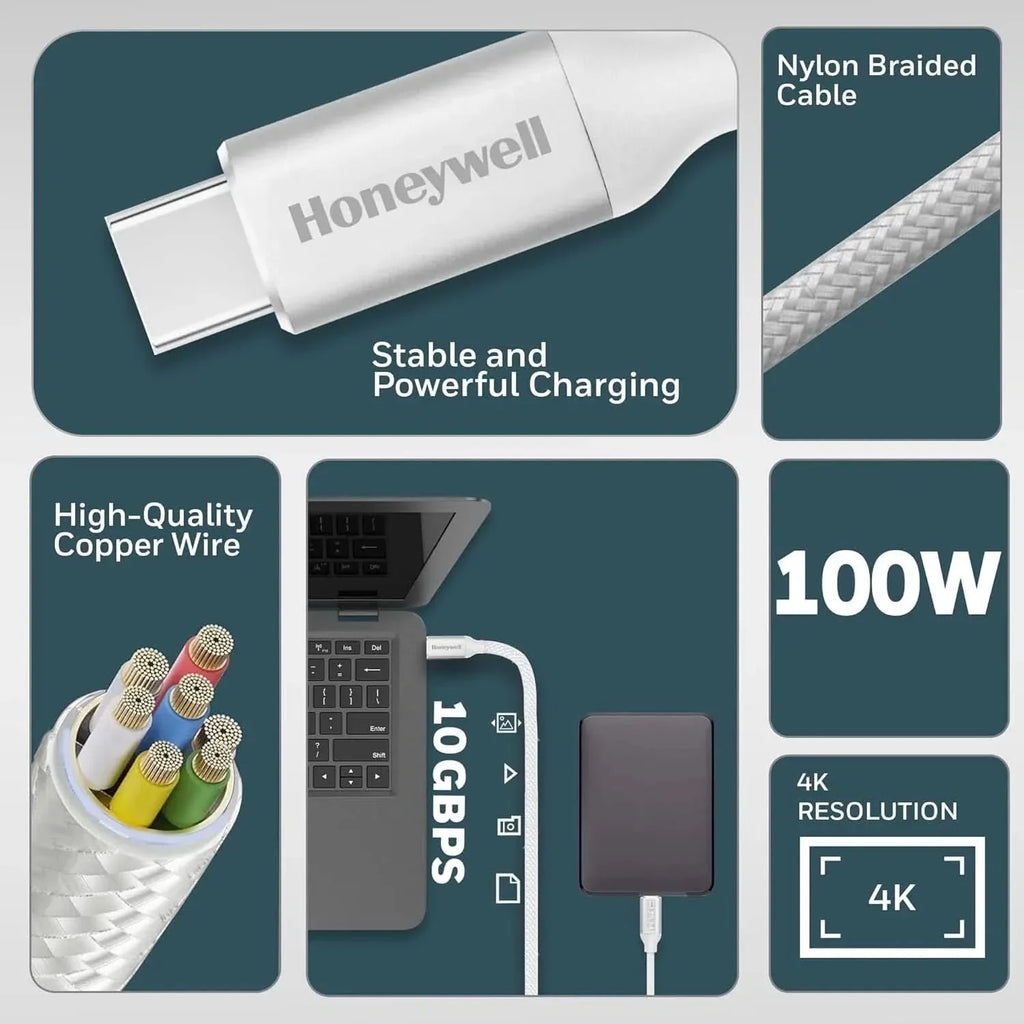 Honeywell Type C to Type C USB 3.1 Cable, 4 Feet (1.2M), Max Output 5A 100W, QC 3.0, Fast Charge, Compatible with Apple Devices, Smartphones, Laptops, Power Banks, Tablets, Headphones, Speakers White – TechCure India